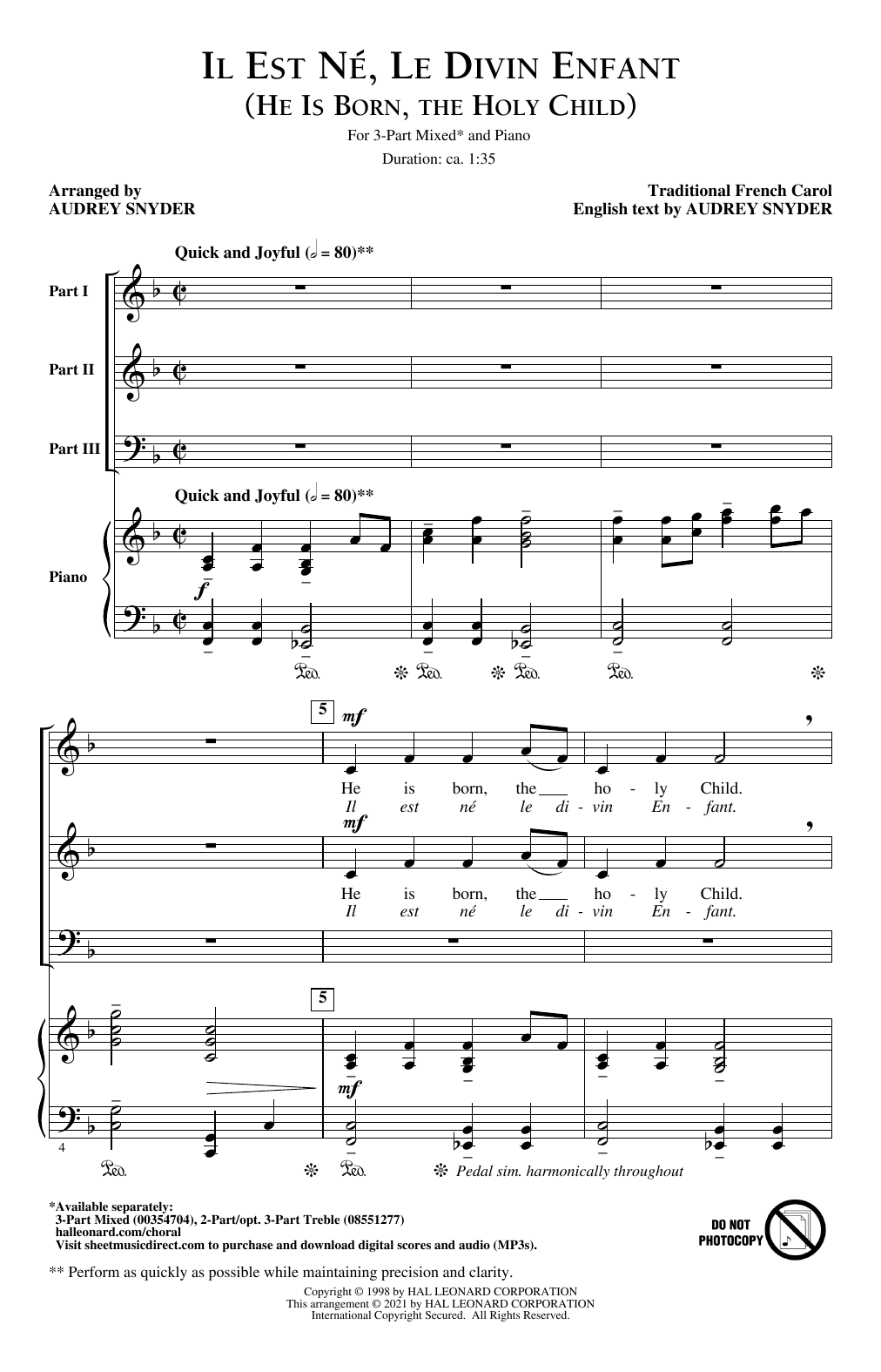 Download Traditional French Carol Il Est Né, Le Divin Enfant (He Is Born, The Holy Child) (arr. Audrey Snyder) Sheet Music and learn how to play 3-Part Mixed Choir PDF digital score in minutes