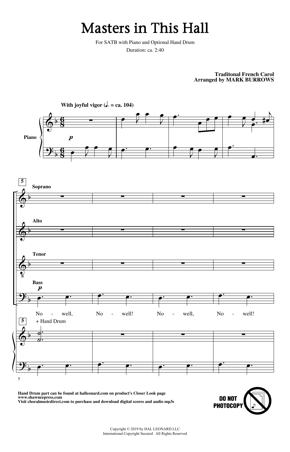 Download Traditional French Carol Masters In This Hall (arr. Mark Burrows) Sheet Music and learn how to play SATB Choir PDF digital score in minutes