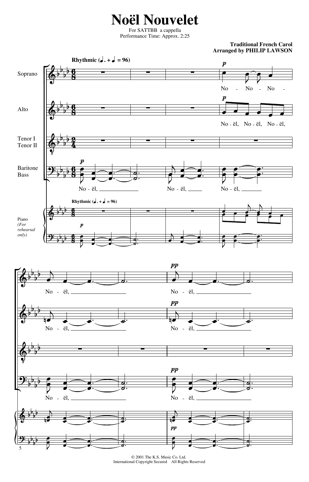 Download Traditional French Carol Noël Nouvelet (arr. Philip Lawson) Sheet Music and learn how to play SATTBB Choir PDF digital score in minutes