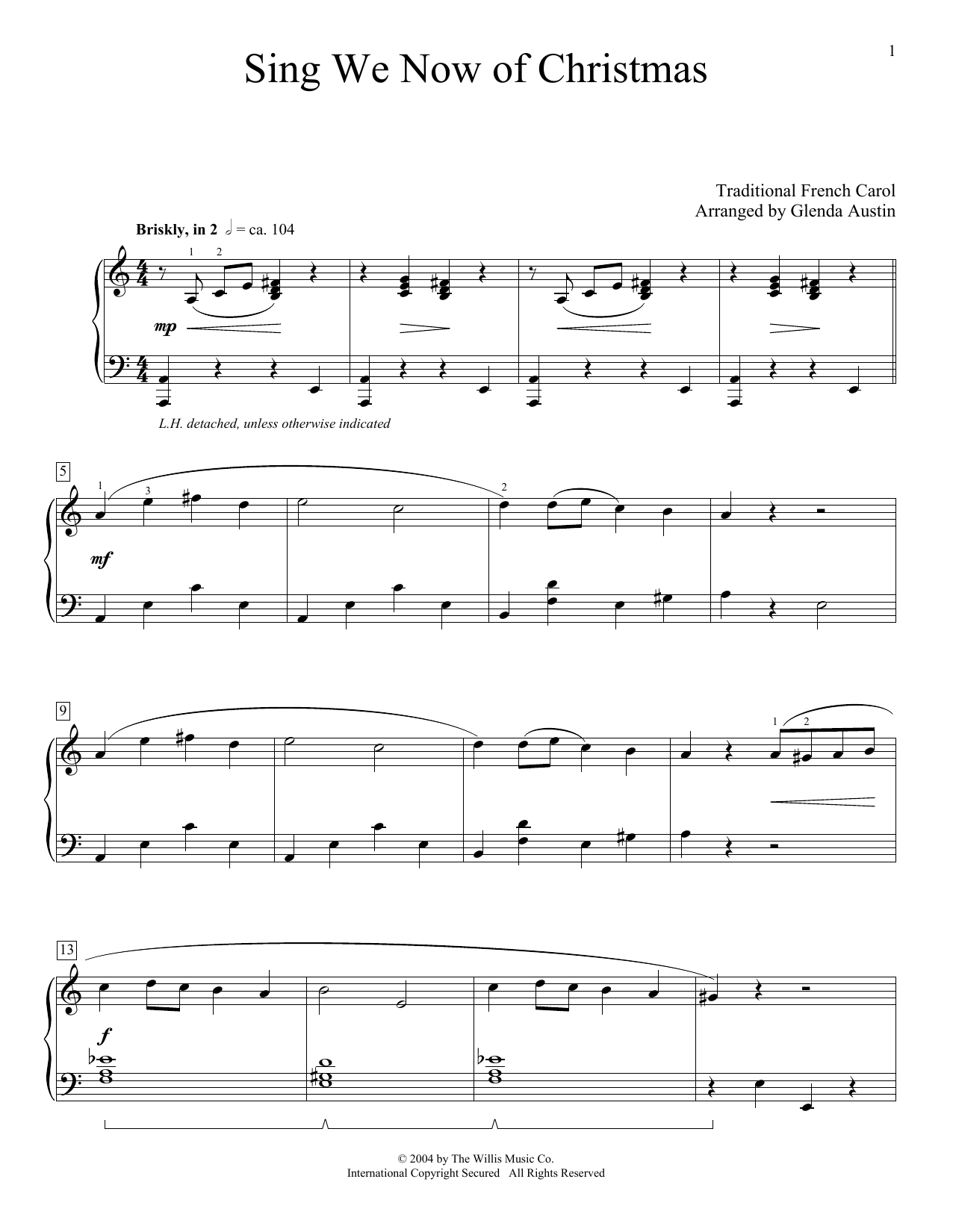 Download Traditional French Carol Sing We Now Of Christmas (arr. Glenda Austin) Sheet Music and learn how to play Piano Solo PDF digital score in minutes