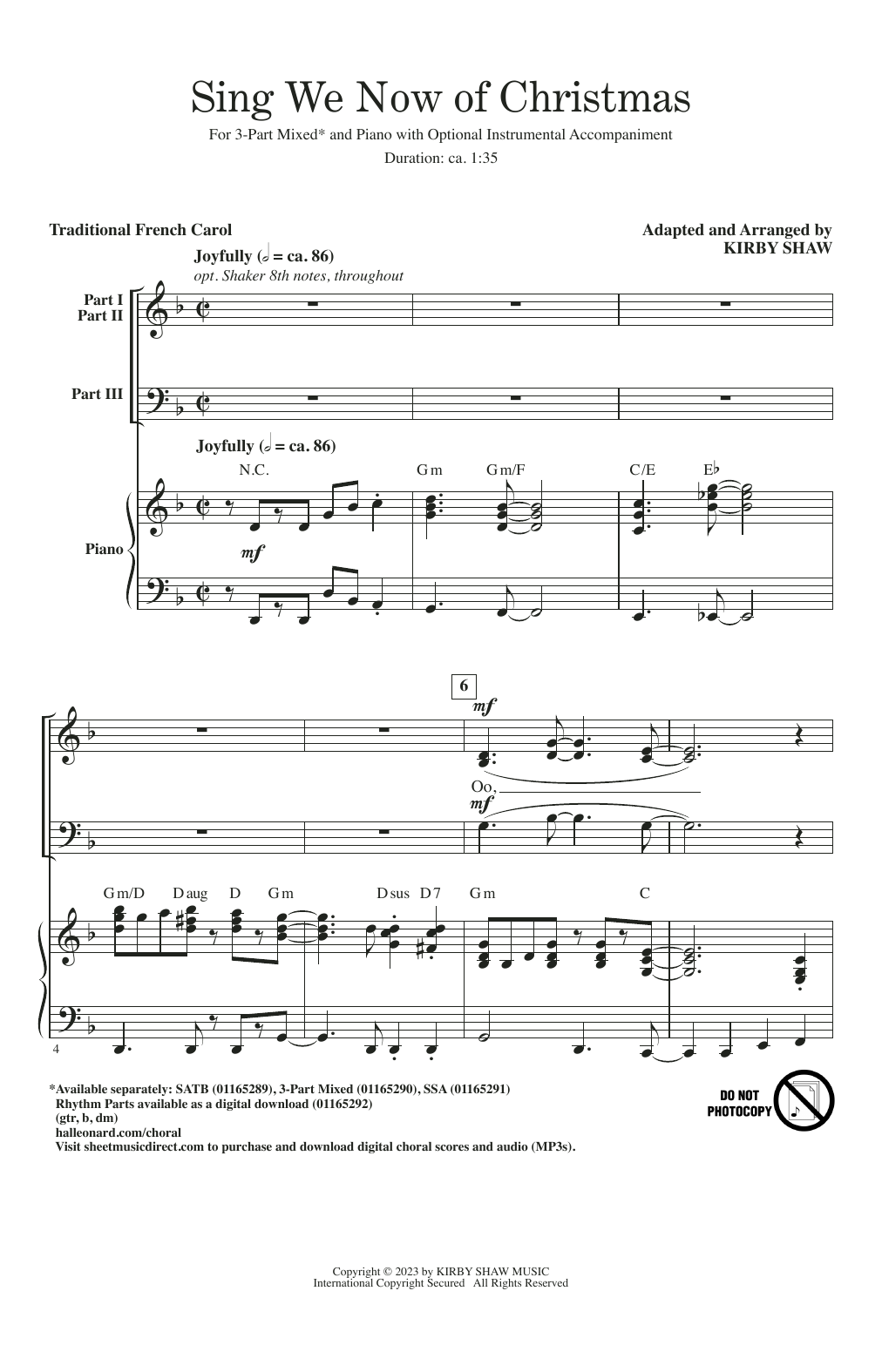 Download Traditional French Carol Sing We Now Of Christmas (arr. Kirby Shaw) Sheet Music and learn how to play 3-Part Mixed Choir PDF digital score in minutes