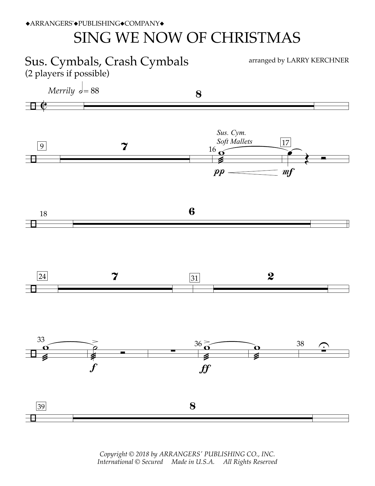 Download Traditional French Carol Sing We Now of Christmas (arr. Larry Kerchner) - Sus. Cym./Cr. Cym. Sheet Music and learn how to play Concert Band PDF digital score in minutes