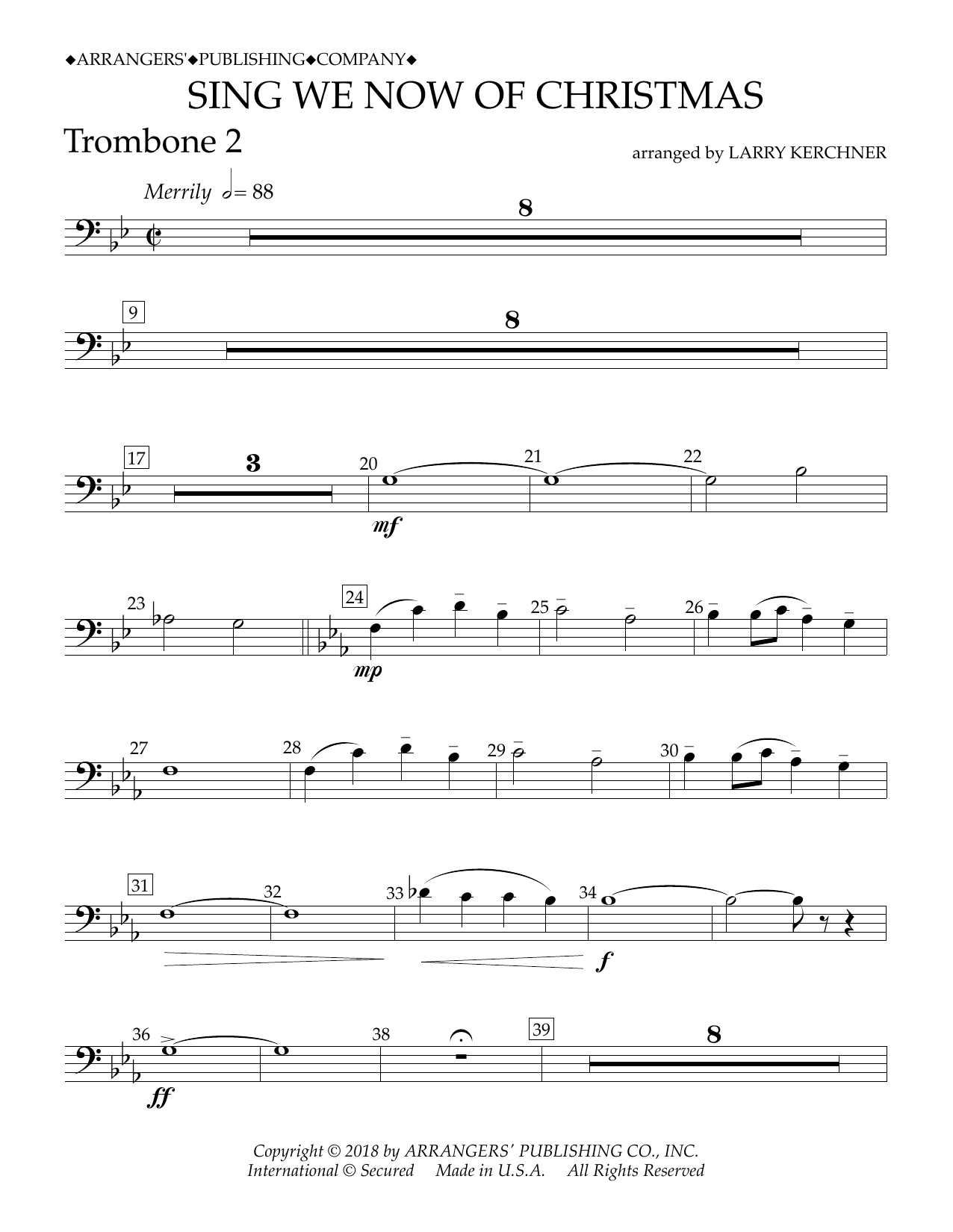 Download Traditional French Carol Sing We Now of Christmas (arr. Larry Kerchner) - Trombone 2 Sheet Music and learn how to play Concert Band PDF digital score in minutes