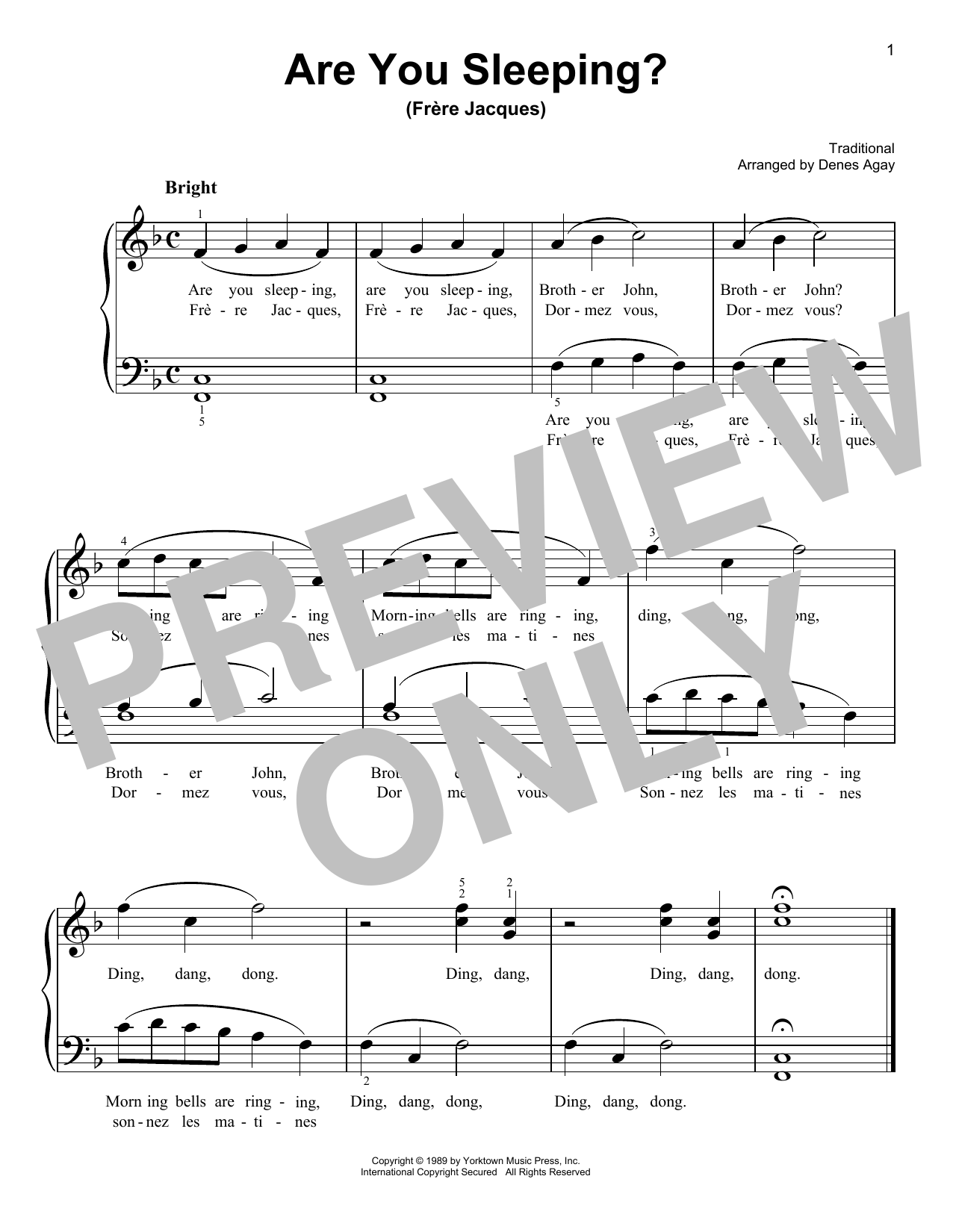 Download Traditional Frere Jacques (Are You Sleeping?) (arr. Denes Agay) Sheet Music and learn how to play Easy Piano PDF digital score in minutes