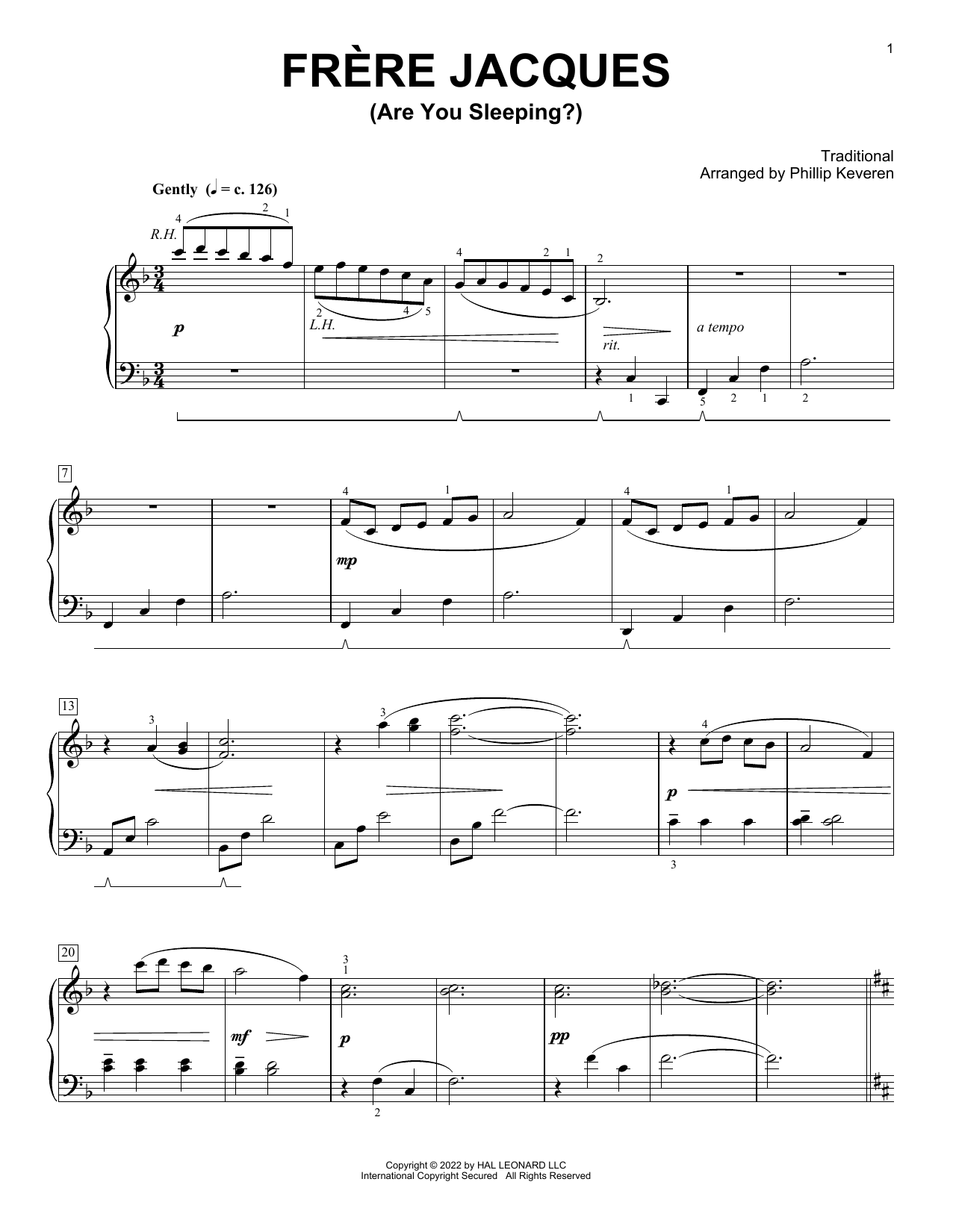 Download Traditional Frere Jacques (Are You Sleeping?) (arr. Phillip Keveren) Sheet Music and learn how to play Piano Solo PDF digital score in minutes