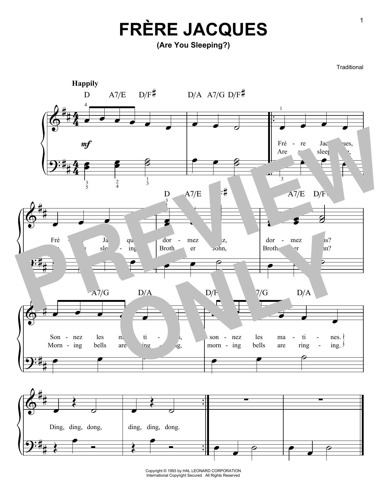 Download Traditional Frere Jacques (Are You Sleeping?) Sheet Music and learn how to play Melody Line, Lyrics & Chords PDF digital score in minutes