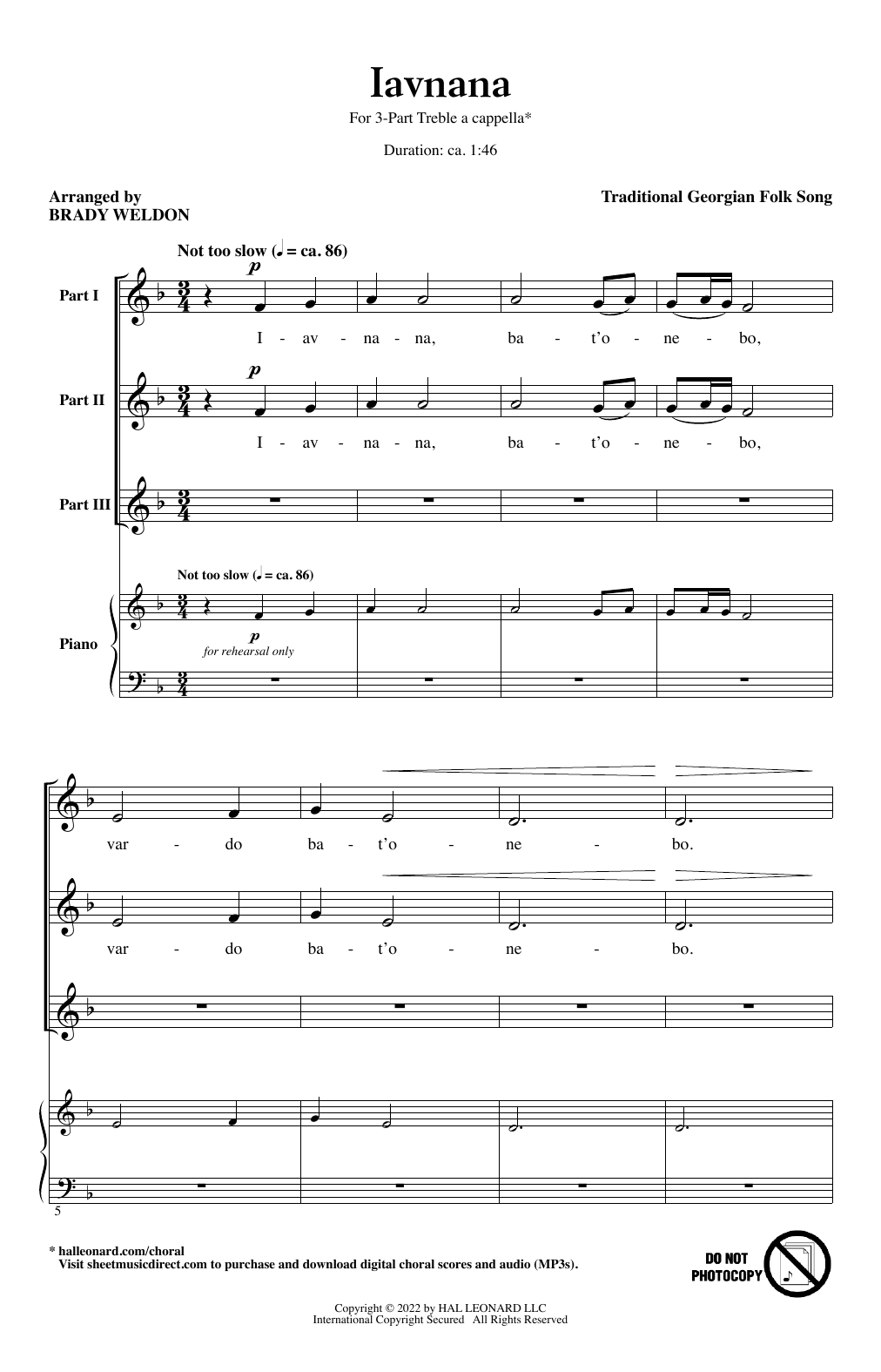Download Traditional Georgian Folk Song Iavnana (arr. Brady Weldon) Sheet Music and learn how to play 3-Part Treble Choir PDF digital score in minutes