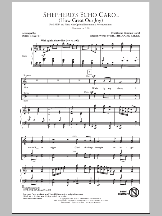 Download Traditional German Carol Shepherd's Echo Carol (How Great Our Joy) (arr. John Leavitt) Sheet Music and learn how to play SATB Choir PDF digital score in minutes