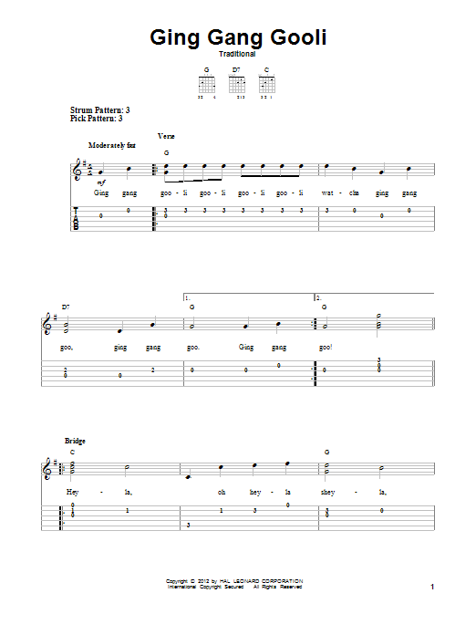 Download Traditional Ging Gang Gooli Sheet Music and learn how to play Easy Guitar Tab PDF digital score in minutes