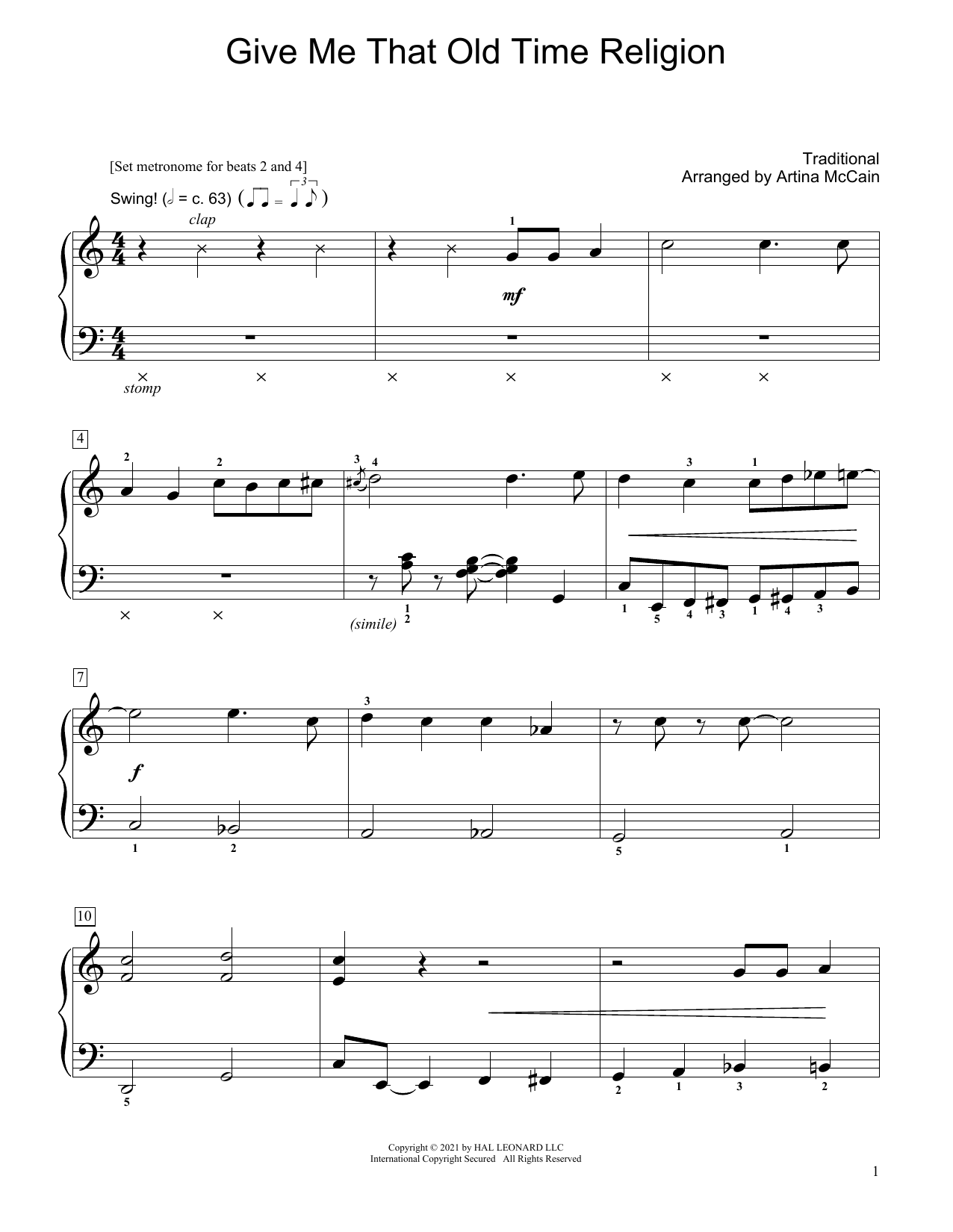Download Traditional Give Me That Old Time Religion (arr. Artina McCain) Sheet Music and learn how to play Educational Piano PDF digital score in minutes