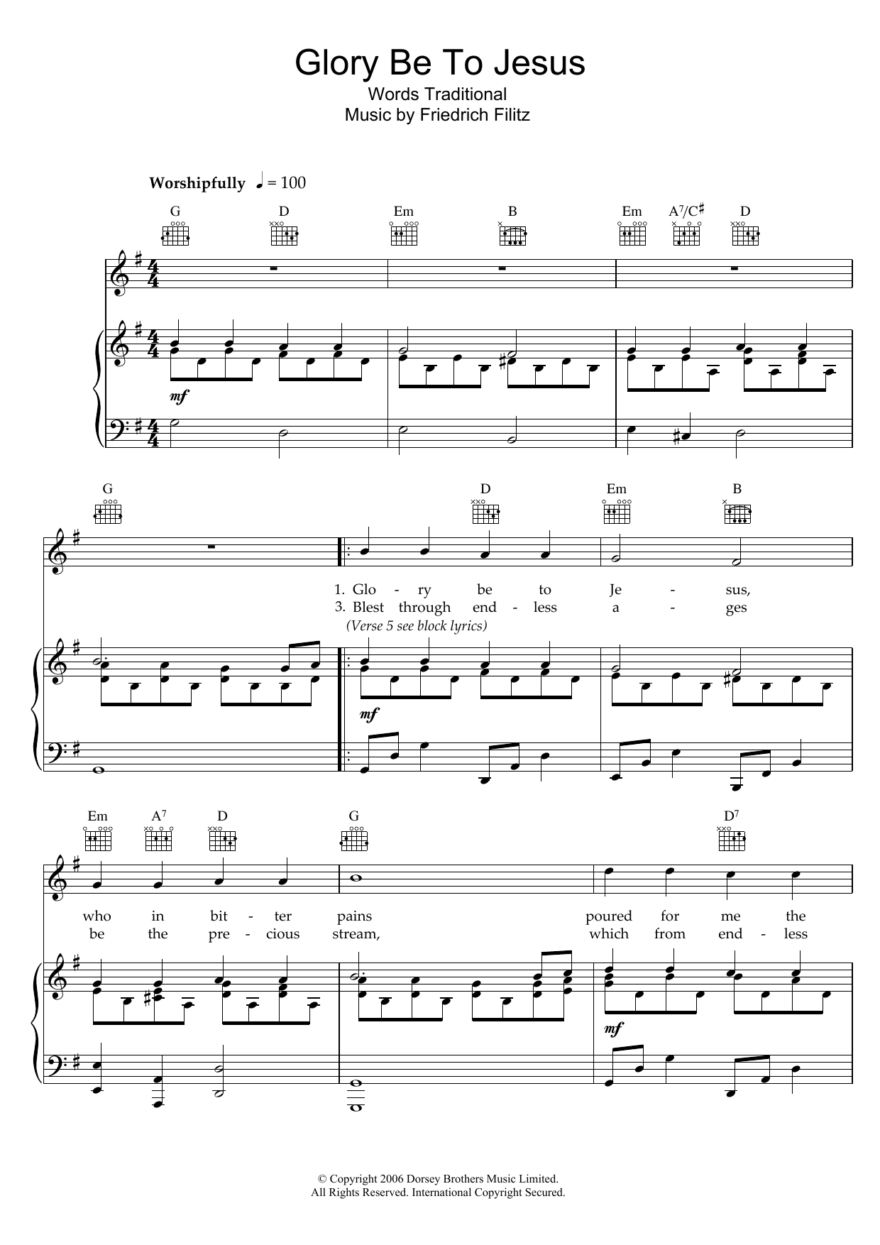 Download Traditional Glory Be To Jesus Sheet Music and learn how to play Piano, Vocal & Guitar (Right-Hand Melody) PDF digital score in minutes