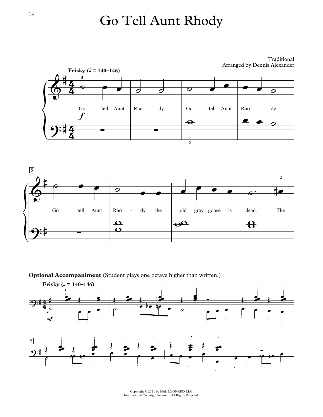 Download Traditional Go Tell Aunt Rhody (arr. Dennis Alexander) Sheet Music and learn how to play Educational Piano PDF digital score in minutes