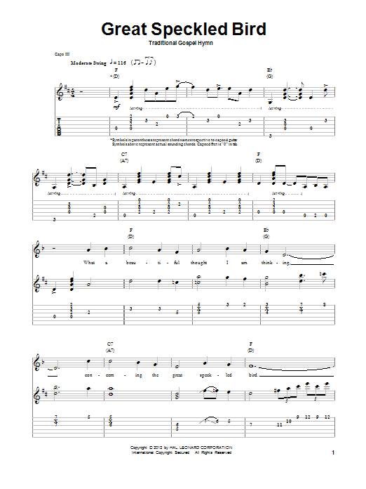 Download Traditional Gospel Hymn Great Speckled Bird Sheet Music and learn how to play Guitar Tab PDF digital score in minutes