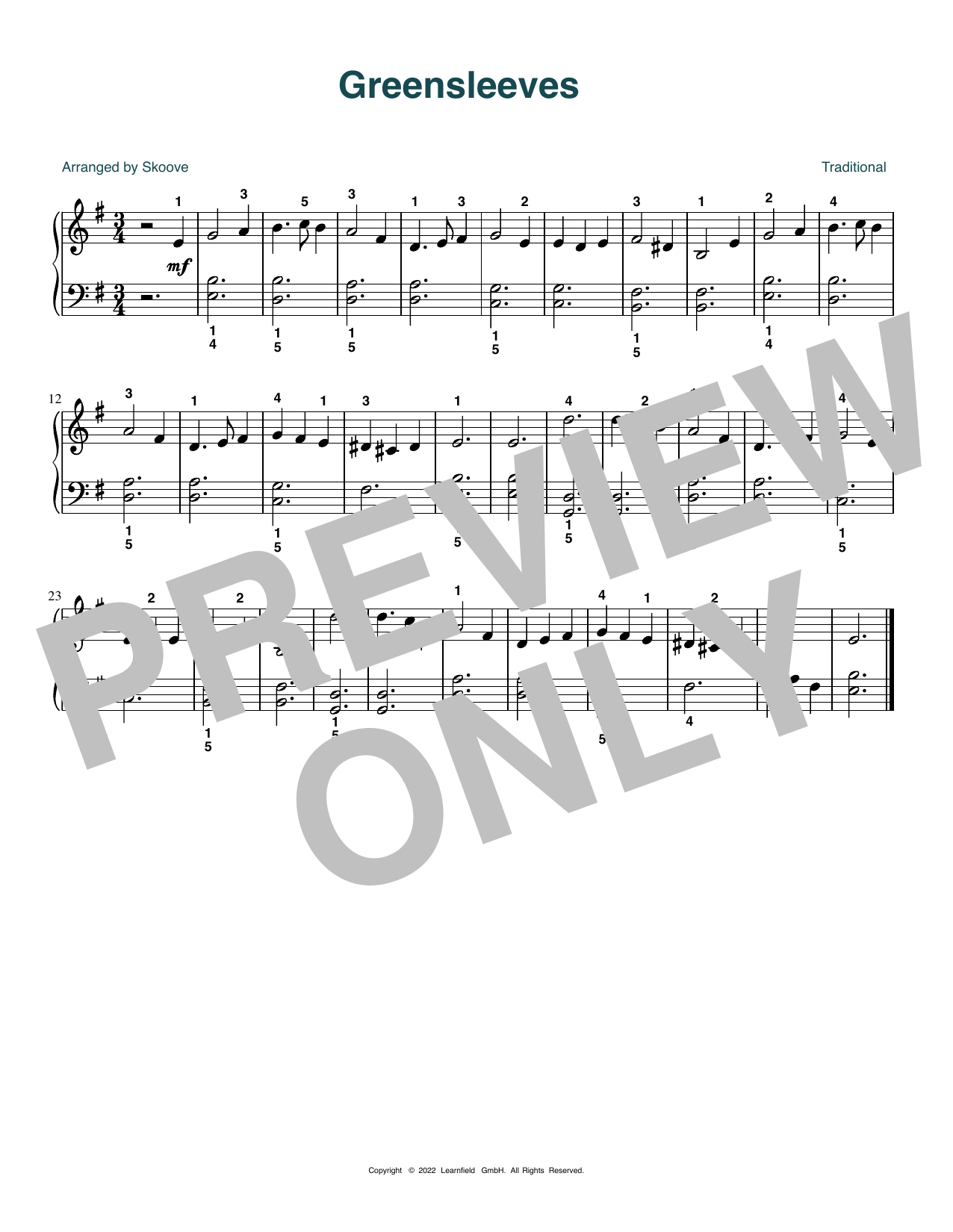 Download Traditional Greensleeves (arr. Skoove) Sheet Music and learn how to play Easy Piano PDF digital score in minutes