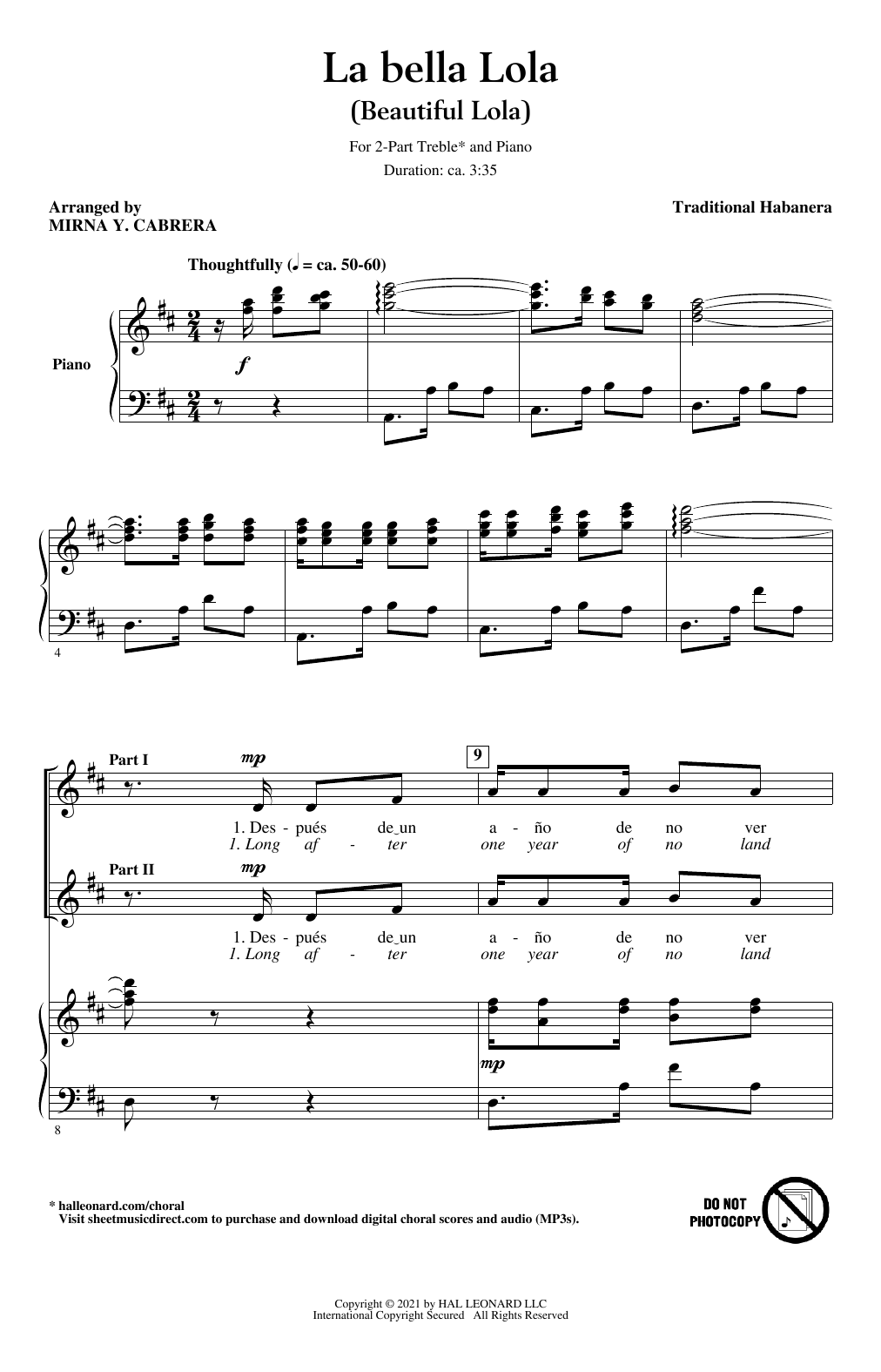 Download Traditional Habanera La Bella Lola (Beautiful Lola) (arr. Mirna Y. Cabrera) Sheet Music and learn how to play 2-Part Choir PDF digital score in minutes