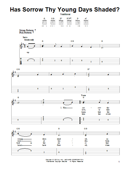 Download Traditional Has Sorrow Thy Young Days Shaded? Sheet Music and learn how to play Easy Guitar Tab PDF digital score in minutes