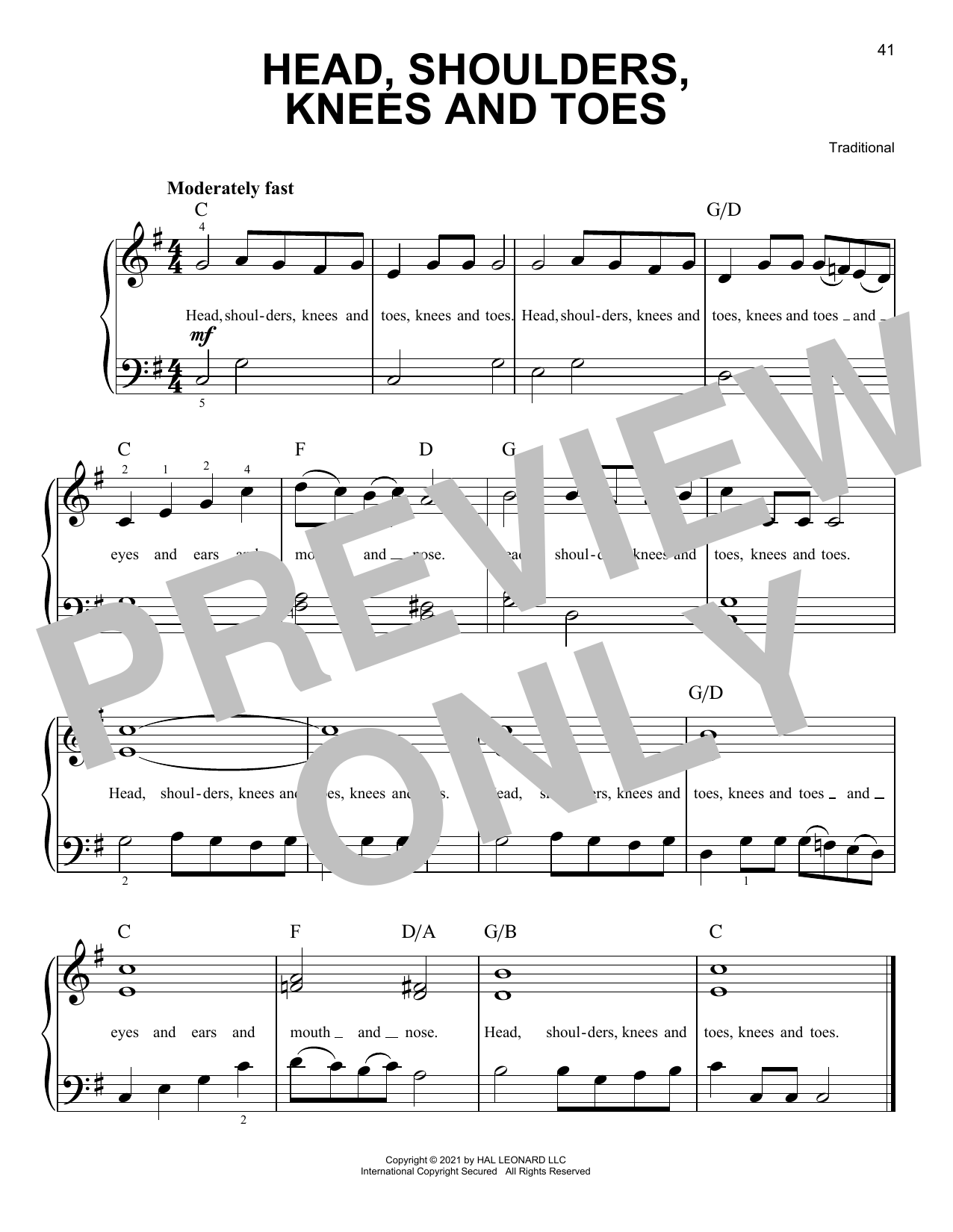 Download Traditional Head, Shoulders, Knees And Toes Sheet Music and learn how to play Easy Piano PDF digital score in minutes