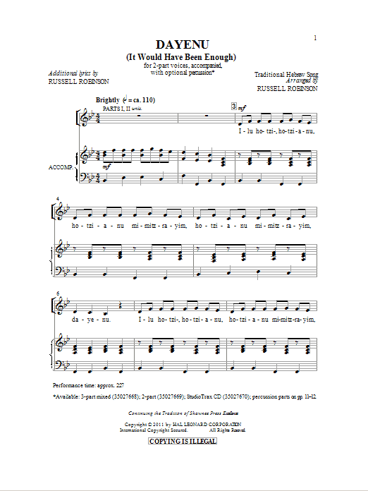 Download Traditional Dayeinu (arr. Russell Robinson) Sheet Music and learn how to play 3-Part Mixed PDF digital score in minutes