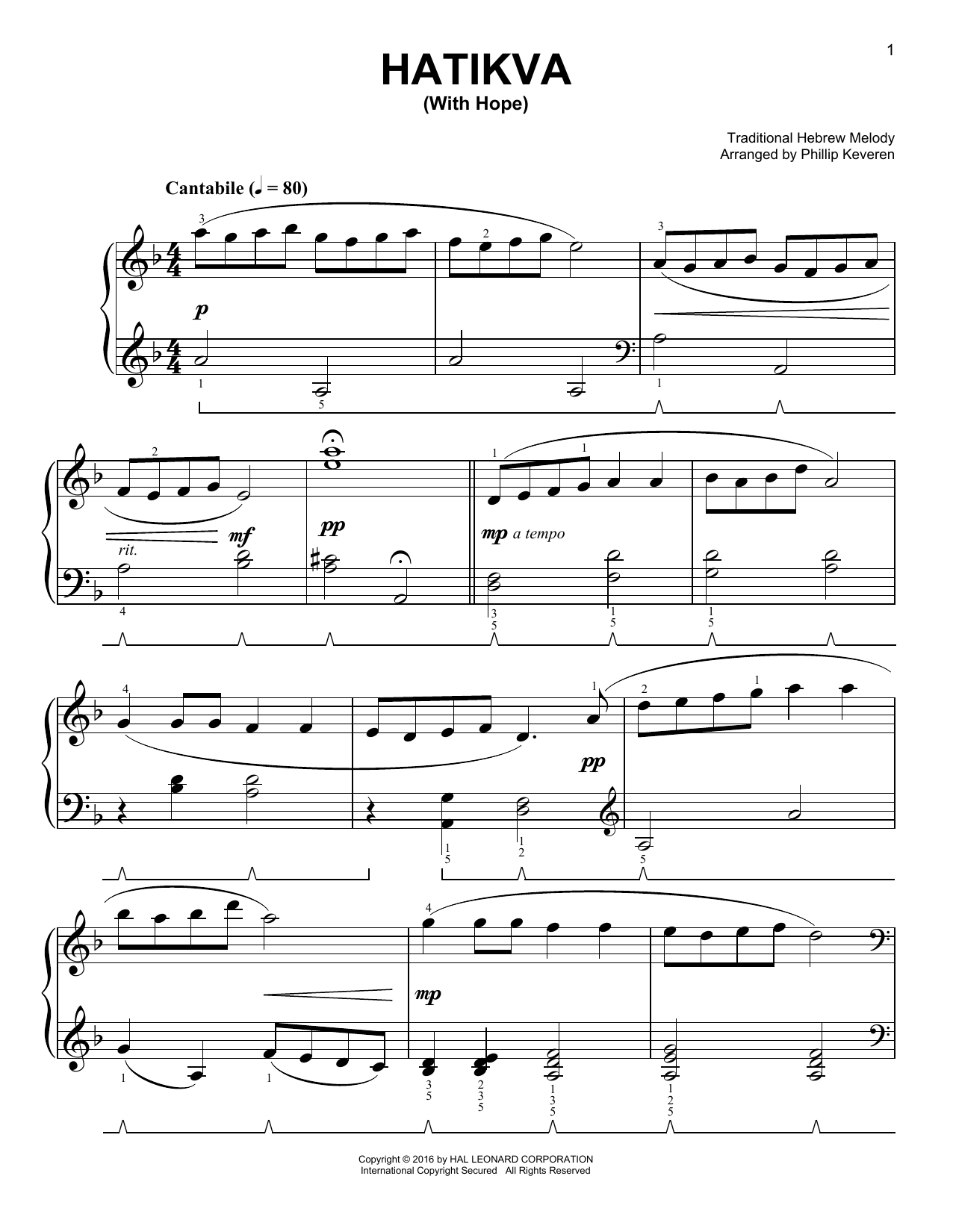 Download Phillip Keveren Hatikvah (With Hope) Sheet Music and learn how to play Easy Piano PDF digital score in minutes