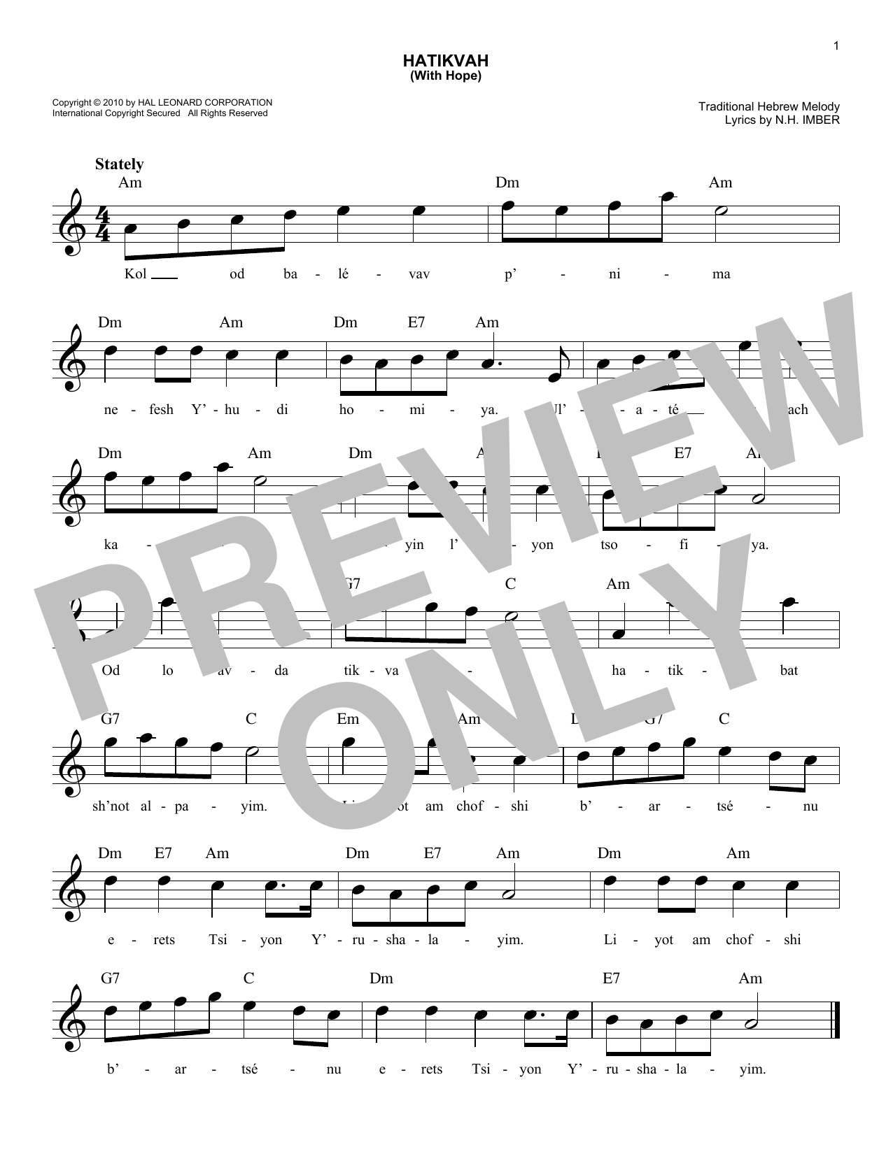 Download Traditional Hebrew Melody Hatikvah (With Hope) Sheet Music and learn how to play Melody Line, Lyrics & Chords PDF digital score in minutes