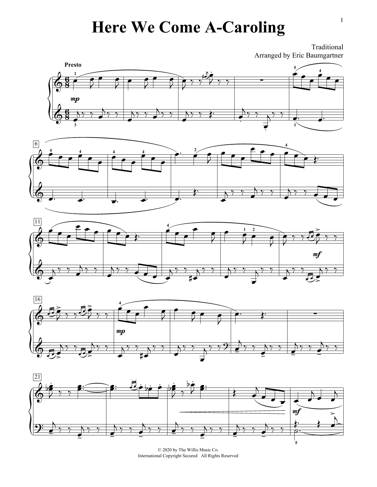 Download Traditional Here We Come A-Caroling [Jazz version] (arr. Eric Baumgartner) Sheet Music and learn how to play Educational Piano PDF digital score in minutes