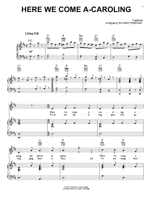 Download Richard Friedman Here We Come A-Caroling Sheet Music and learn how to play Piano, Vocal & Guitar (Right-Hand Melody) PDF digital score in minutes