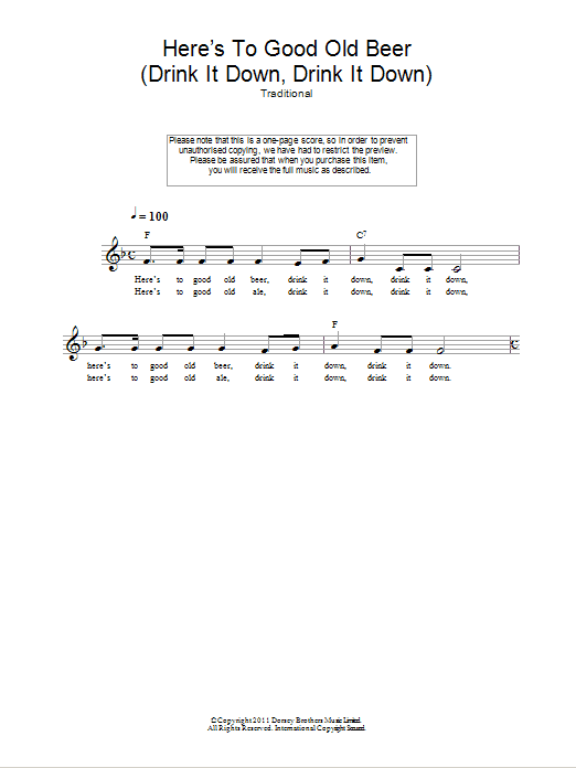 Download Traditional Here's To Good Old Beer (Drink It Down, Drink It Down) Sheet Music and learn how to play Melody Line, Lyrics & Chords PDF digital score in minutes