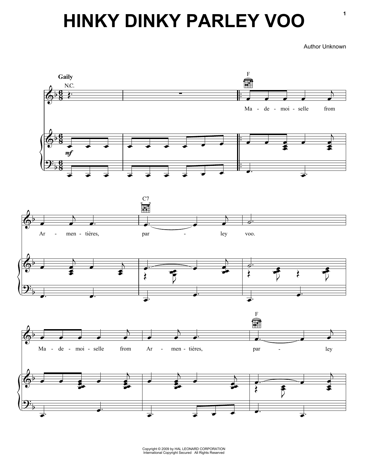 Download Traditional Hinky Dinky Parley Voo Sheet Music and learn how to play Piano, Vocal & Guitar Chords (Right-Hand Melody) PDF digital score in minutes