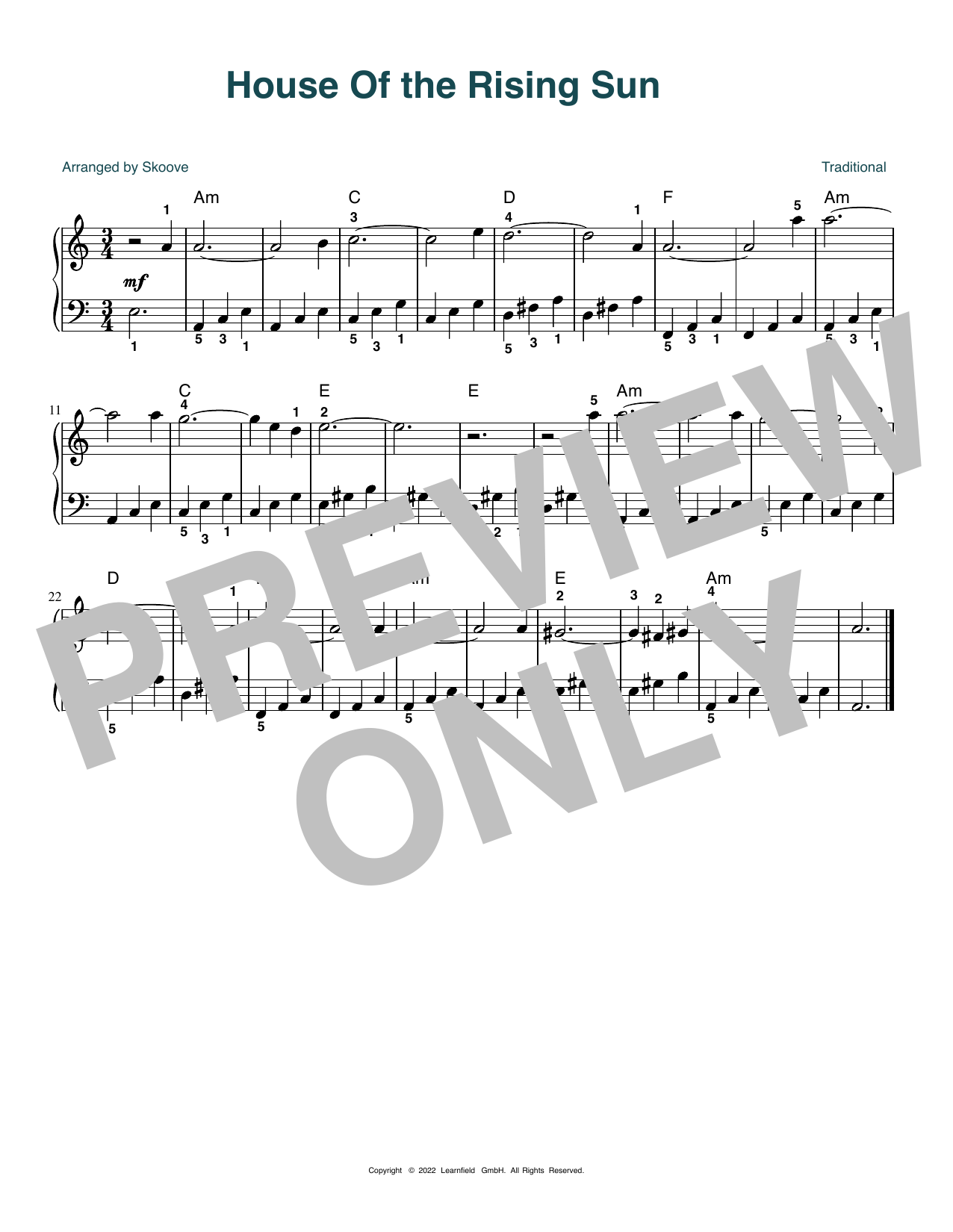 Download Traditional House of the Rising Sun (arr. Skoove) Sheet Music and learn how to play Easy Piano PDF digital score in minutes
