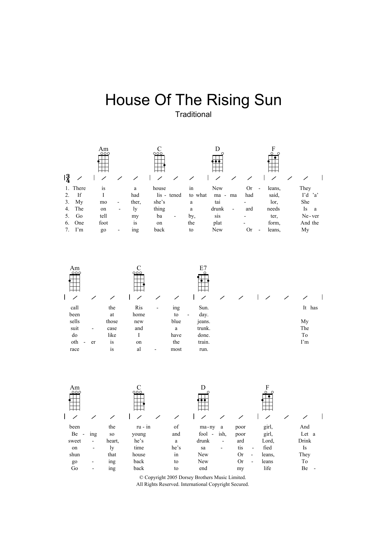 Download Traditional House Of The Rising Sun Sheet Music and learn how to play Ukulele with strumming patterns PDF digital score in minutes