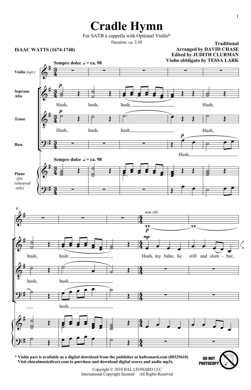 Download Traditional Hymn Cradle Hymn (arr. David Chase) Sheet Music and learn how to play SATB Choir PDF digital score in minutes