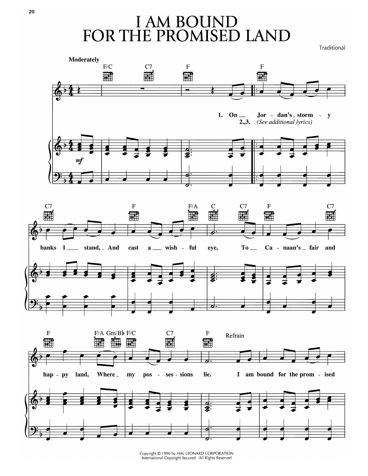 Download Traditional I Am Bound For The Promised Land Sheet Music and learn how to play Piano, Vocal & Guitar Chords (Right-Hand Melody) PDF digital score in minutes