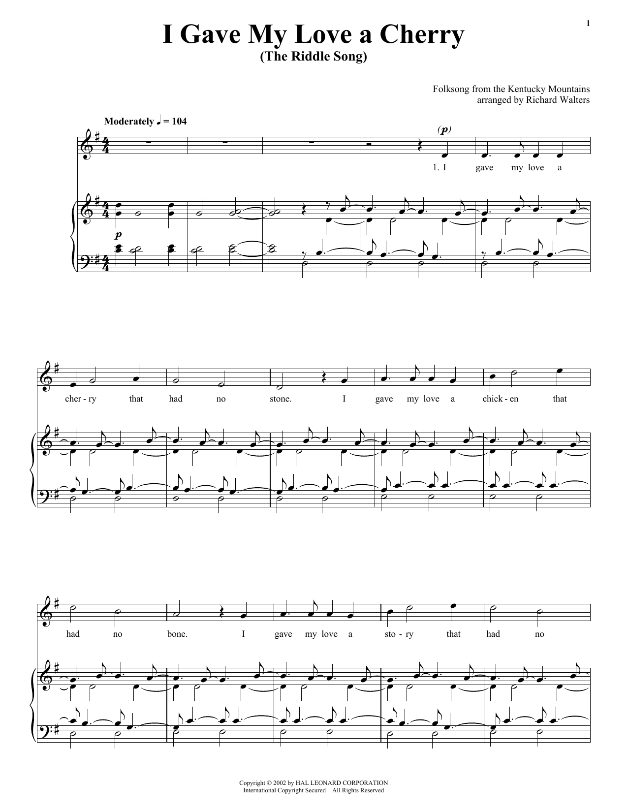 Download Traditional I Gave My Love A Cherry (The Riddle Song) Sheet Music and learn how to play Piano, Vocal & Guitar (Right-Hand Melody) PDF digital score in minutes