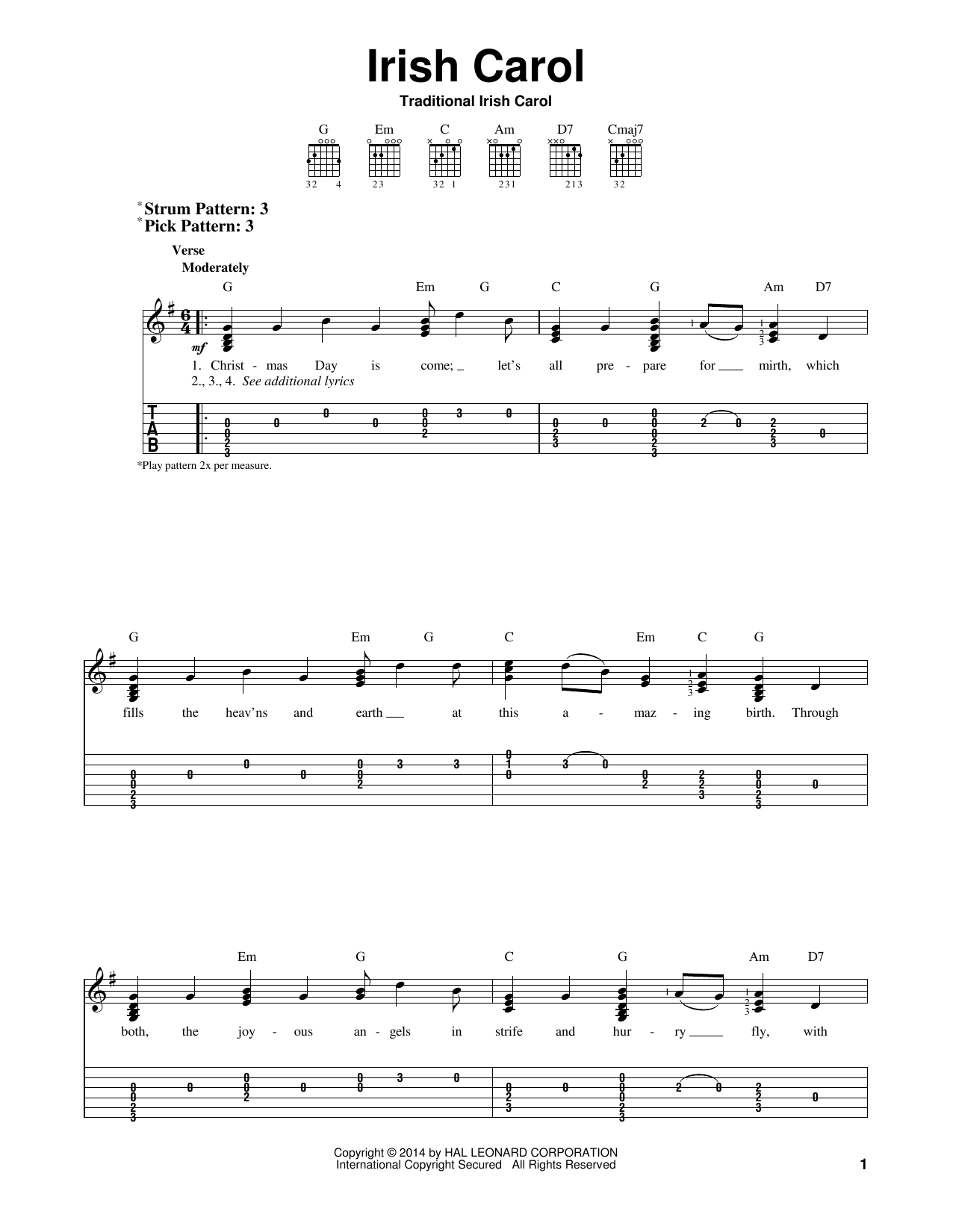 Download Traditional Irish Carol Sheet Music and learn how to play Easy Guitar Tab PDF digital score in minutes