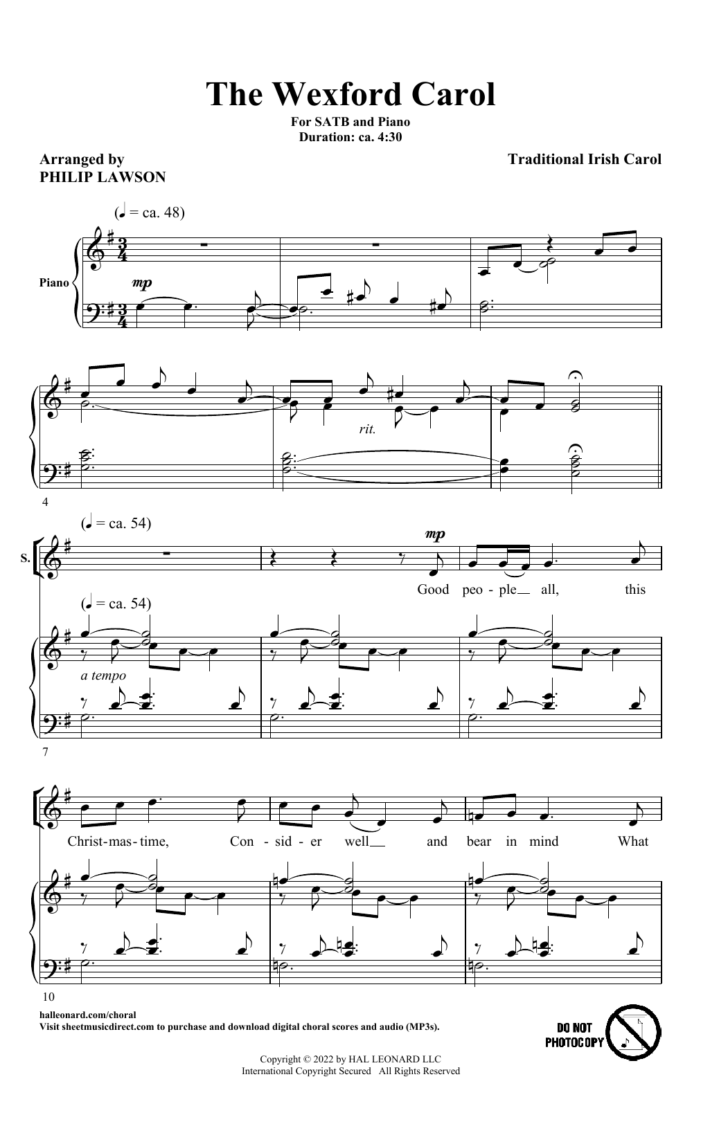 Download Traditional Irish Carol The Wexford Carol (arr. Philip Lawson) Sheet Music and learn how to play SATB Choir PDF digital score in minutes