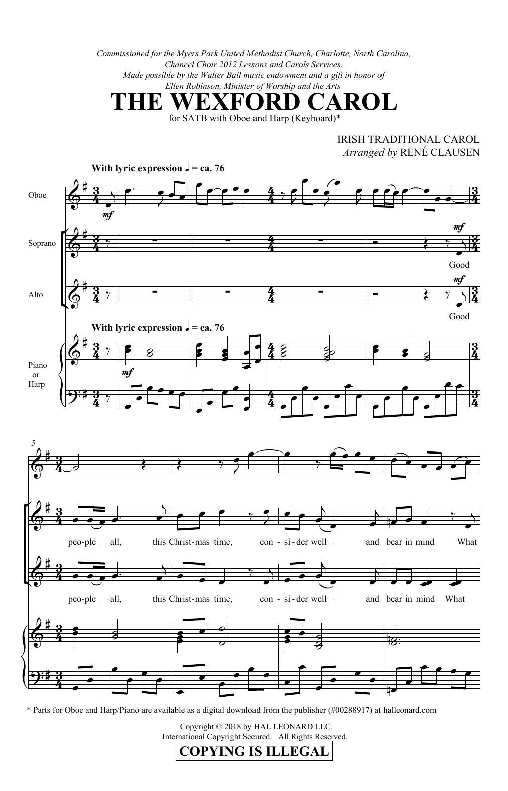 Download Traditional Irish Carol The Wexford Carol (arr. Rene Clausen) Sheet Music and learn how to play SATB Choir PDF digital score in minutes
