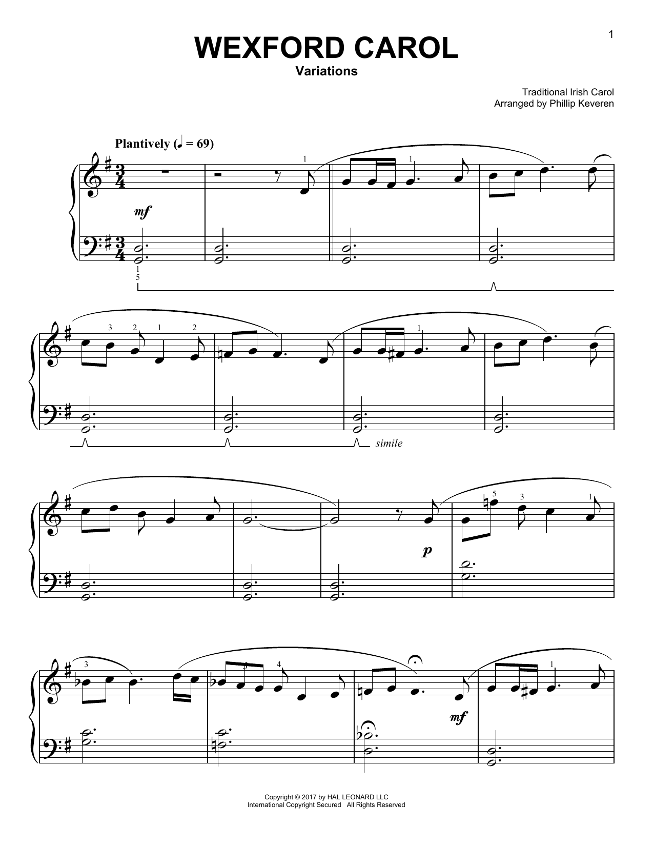 Download Phillip Keveren Wexford Carol Sheet Music and learn how to play Easy Piano PDF digital score in minutes