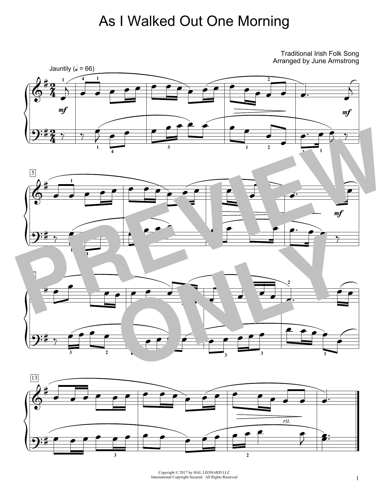 Download Traditional Irish Folk Song As I Walked Out One Morning (arr. June Armstrong) Sheet Music and learn how to play Educational Piano PDF digital score in minutes