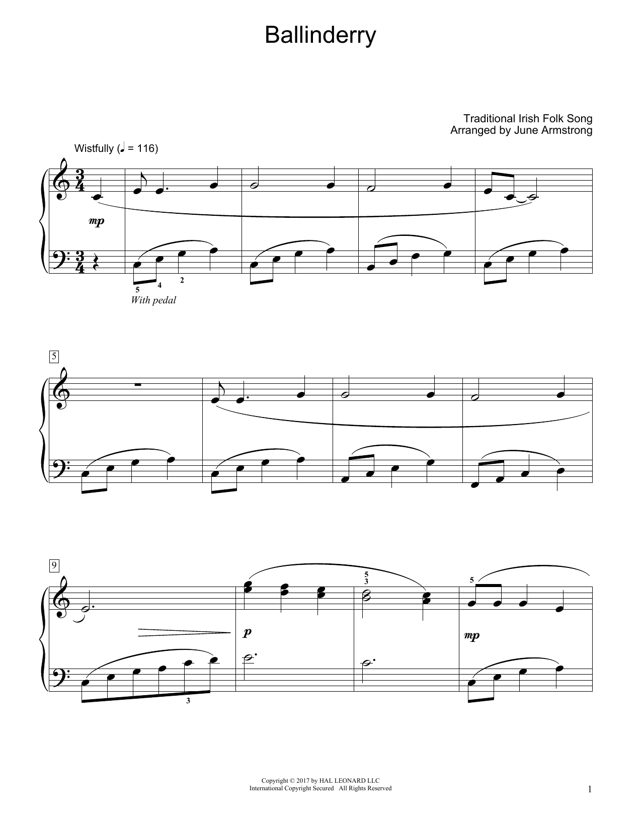 Download Traditional Irish Folk Song Ballinderry (arr. June Armstrong) Sheet Music and learn how to play Educational Piano PDF digital score in minutes