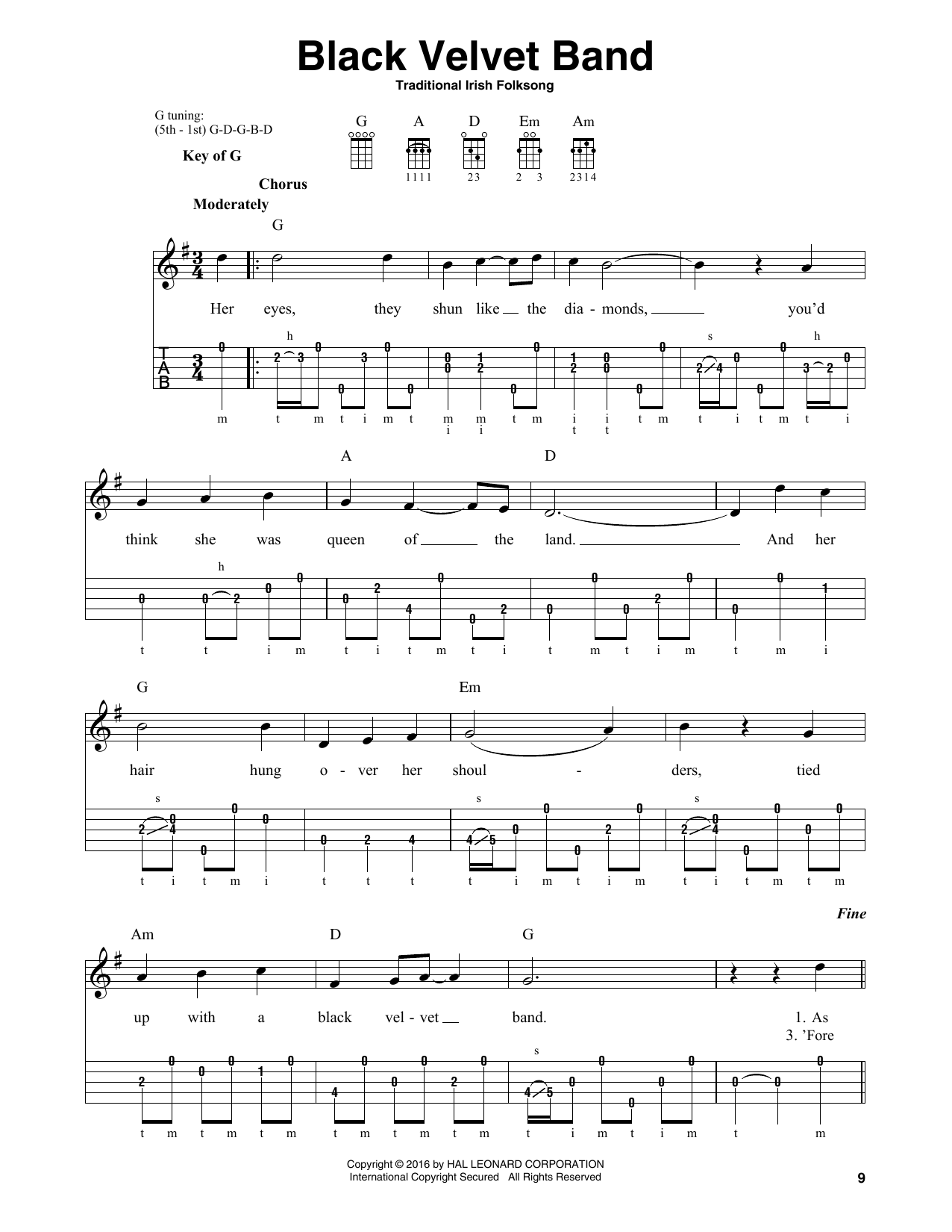 Download Traditional Irish Folk Song Black Velvet Band Sheet Music and learn how to play Banjo PDF digital score in minutes