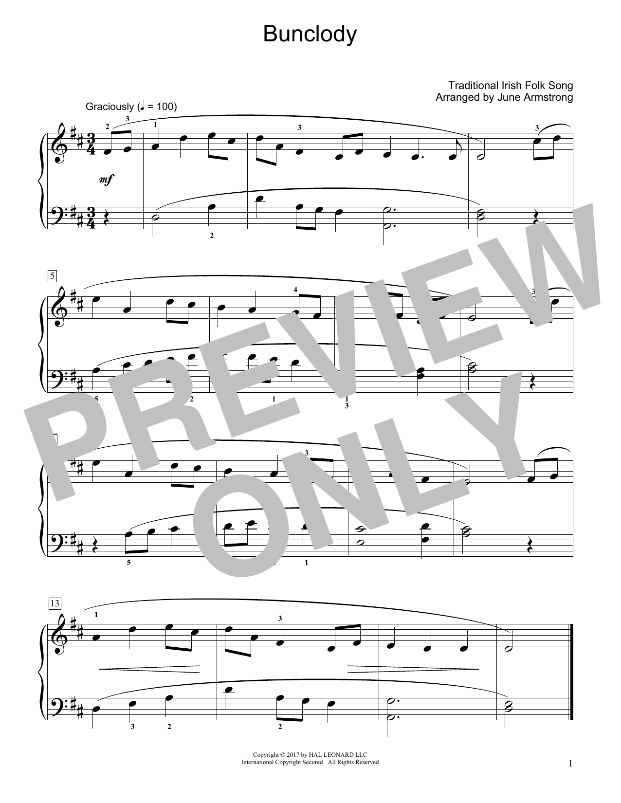 Download Traditional Irish Folk Song Bunclody (arr. June Armstrong) Sheet Music and learn how to play Educational Piano PDF digital score in minutes
