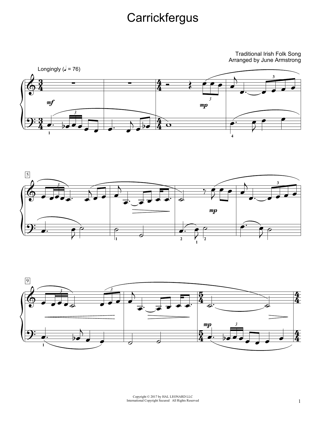 Download Traditional Irish Folk Song Carrickfergus (arr. June Armstrong) Sheet Music and learn how to play Educational Piano PDF digital score in minutes