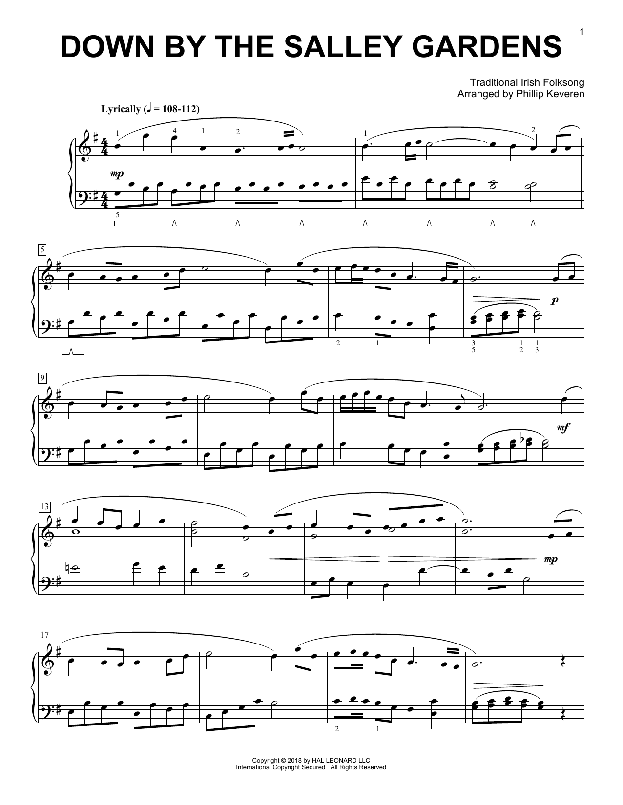 Download Traditional Irish Folk Song Down By The Salley Gardens [Classical version] (arr. Phillip Keveren) Sheet Music and learn how to play Piano Solo PDF digital score in minutes