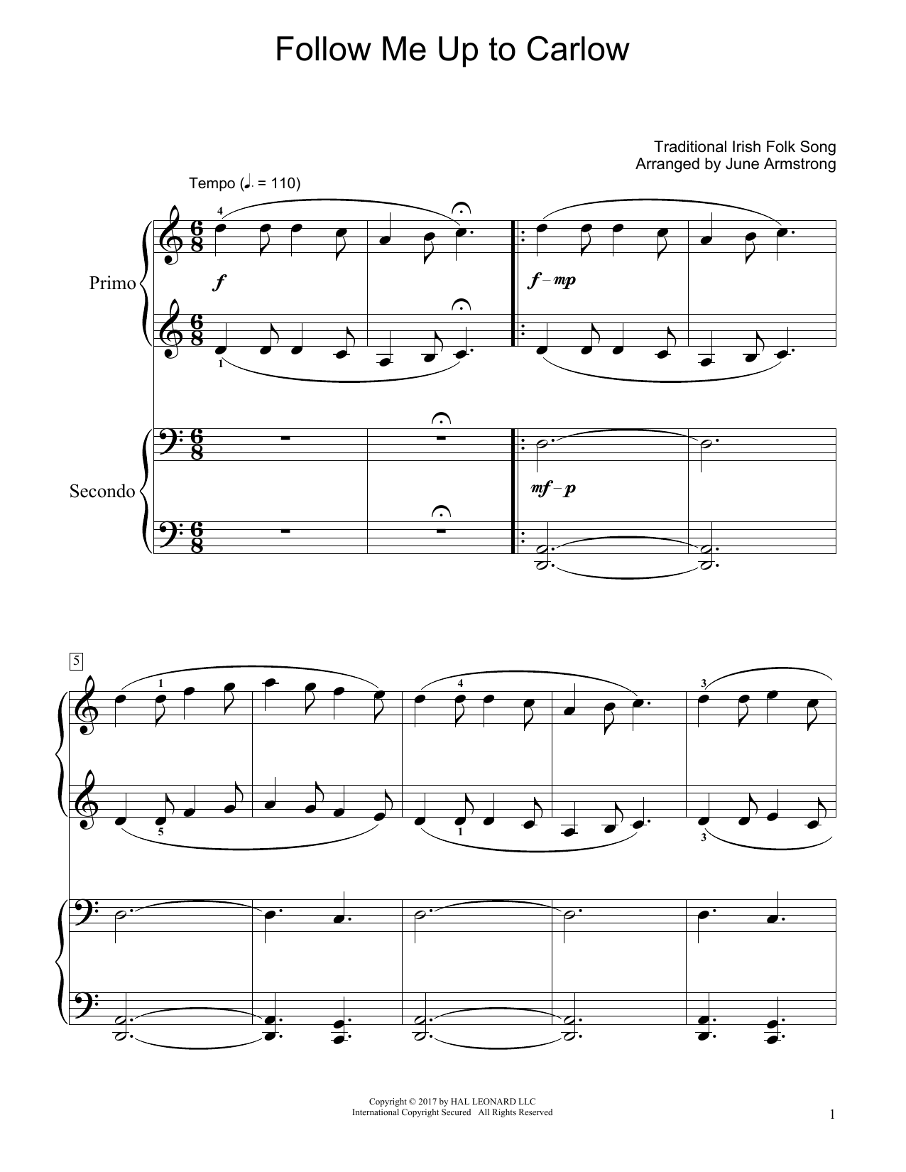 Download Traditional Irish Folk Song Follow Me Up To Carlow (arr. June Armstrong) Sheet Music and learn how to play Piano Duet PDF digital score in minutes