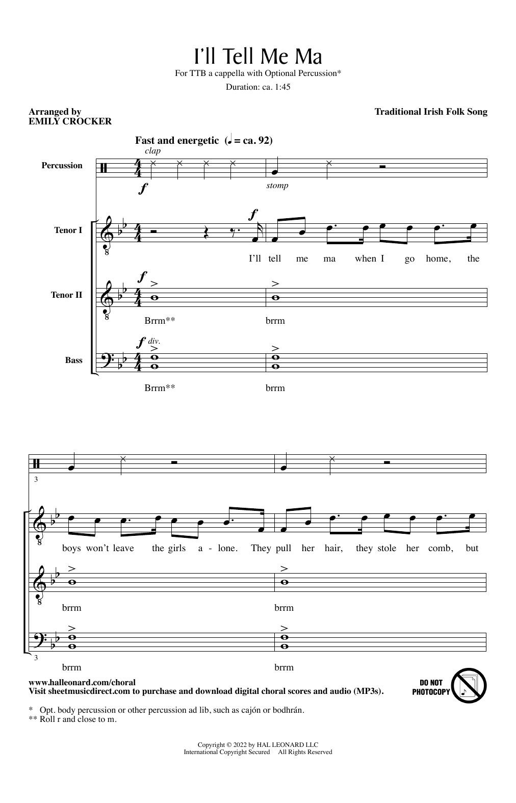 Download Traditional Irish Folk Song I'll Tell Me Ma (arr. Emily Crocker) Sheet Music and learn how to play TTB Choir PDF digital score in minutes