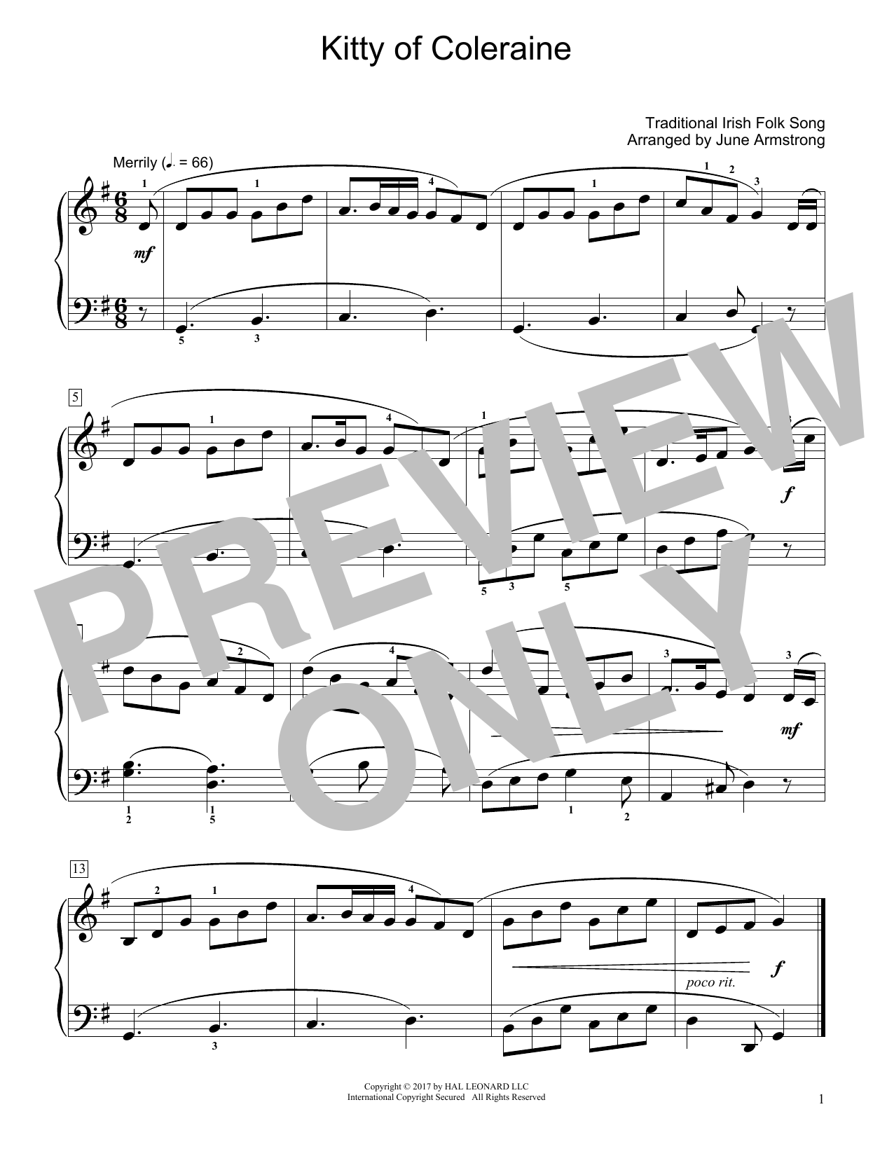 Download Traditional Irish Folk Song Kitty Of Coleraine (arr. June Armstrong) Sheet Music and learn how to play Educational Piano PDF digital score in minutes