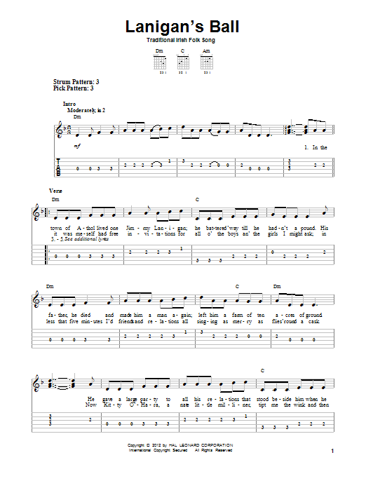 Download Irish Folksong Lanigan's Ball Sheet Music and learn how to play Easy Guitar Tab PDF digital score in minutes