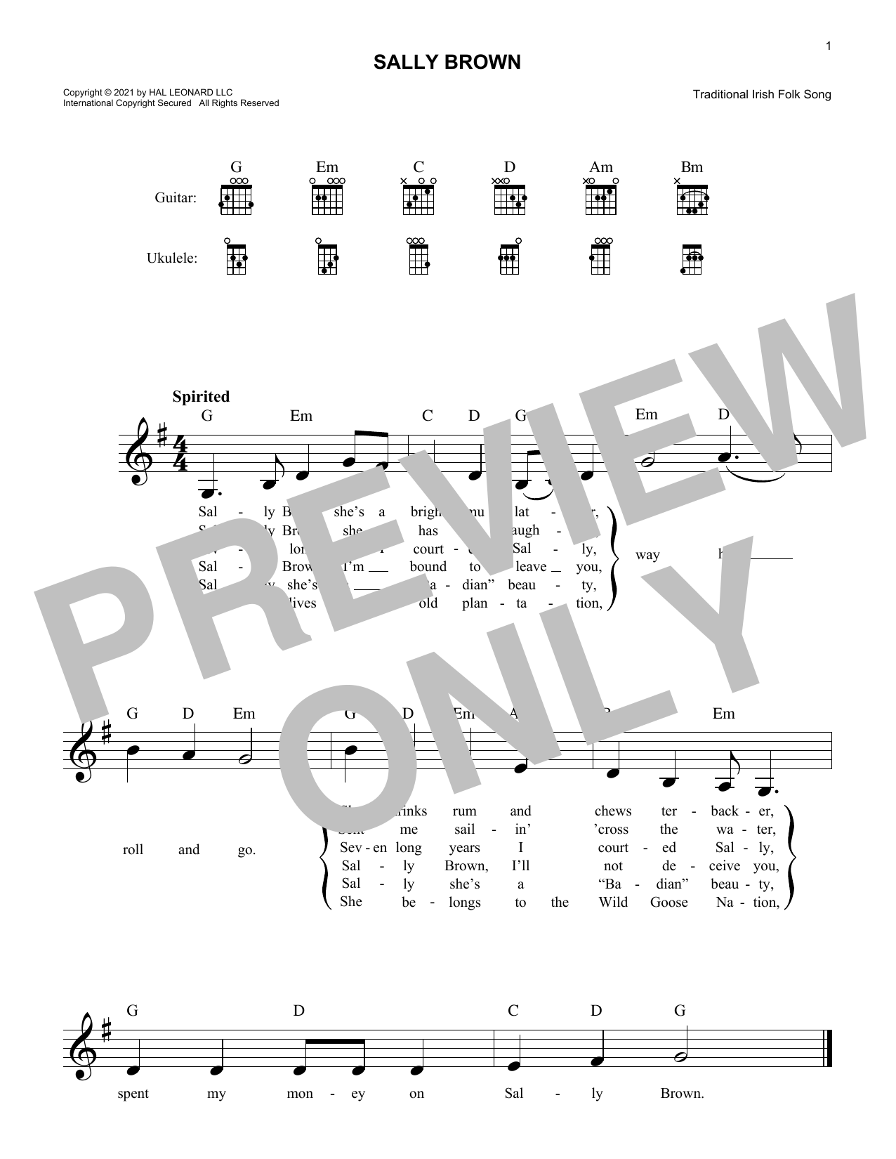 Download Traditional Irish Folk Song Sally Brown Sheet Music and learn how to play Lead Sheet / Fake Book PDF digital score in minutes