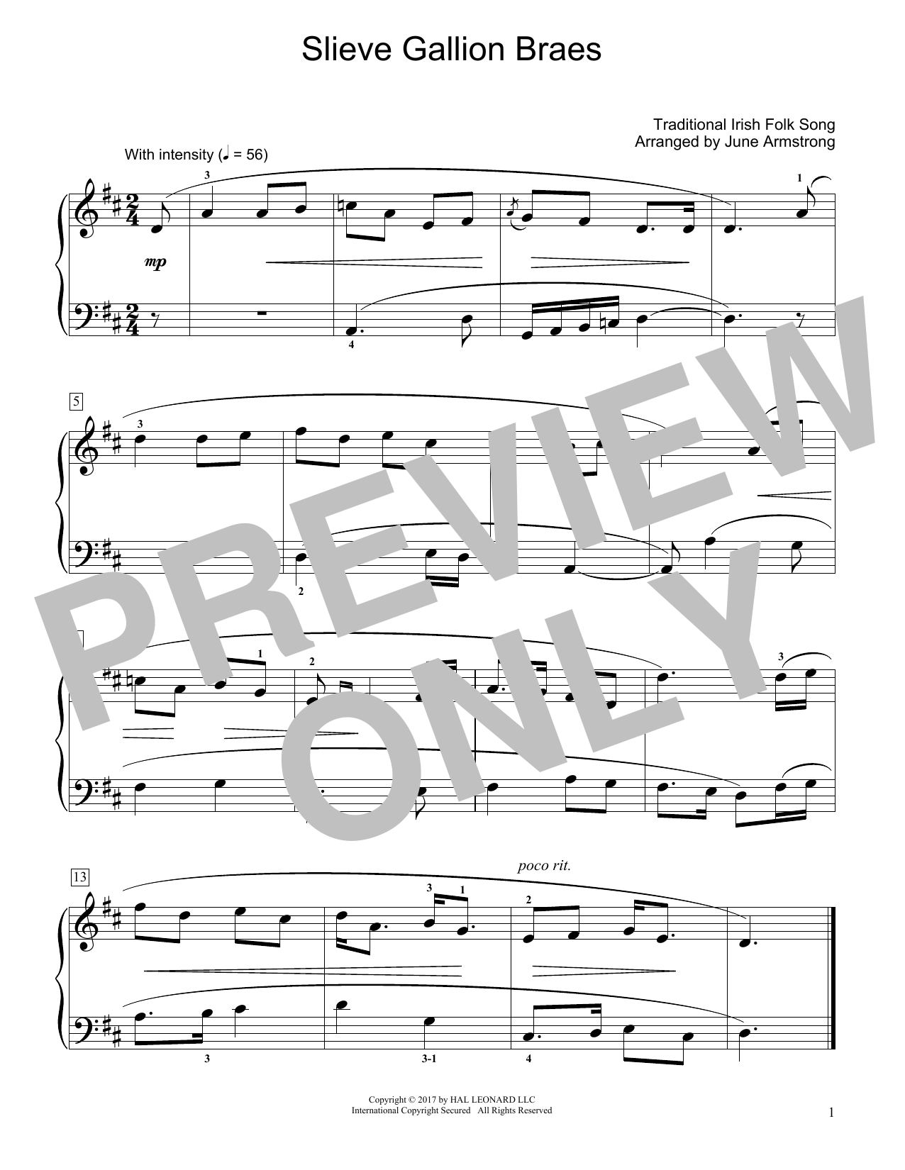 Download Traditional Irish Folk Song Slieve Gallion Braes (arr. June Armstrong) Sheet Music and learn how to play Educational Piano PDF digital score in minutes
