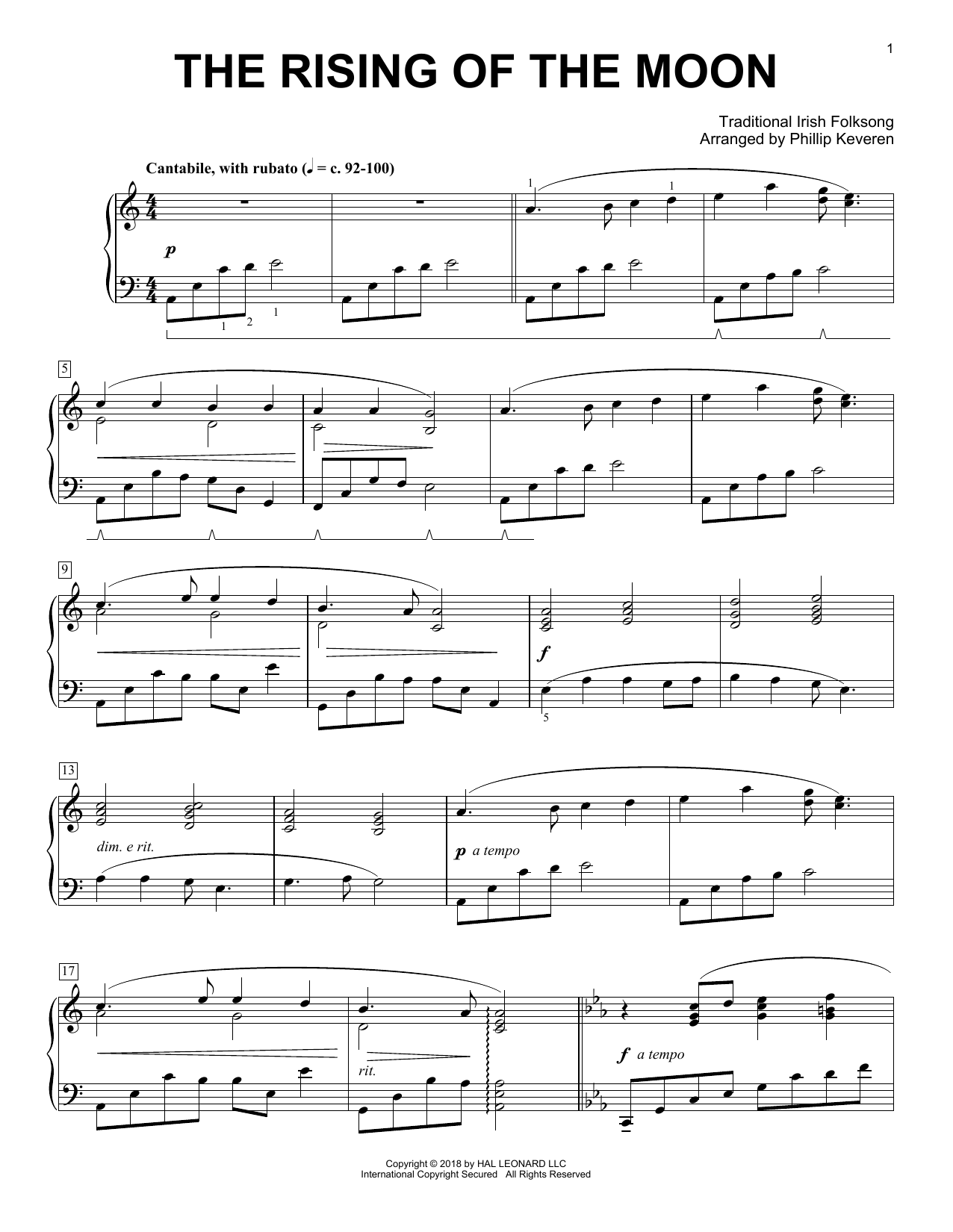 Download Traditional Irish Folk Song The Rising Of The Moon [Classical version] (arr. Phillip Keveren) Sheet Music and learn how to play Piano Solo PDF digital score in minutes